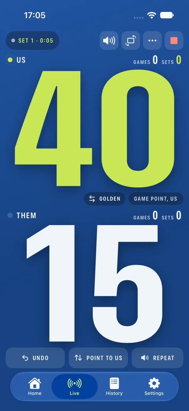 Deucey on iPhone: the live match screen at 40-15, golden point scoring, game point to us
