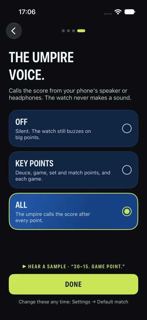 Deucey setup: choosing the umpire voice, off, key points only, or every point